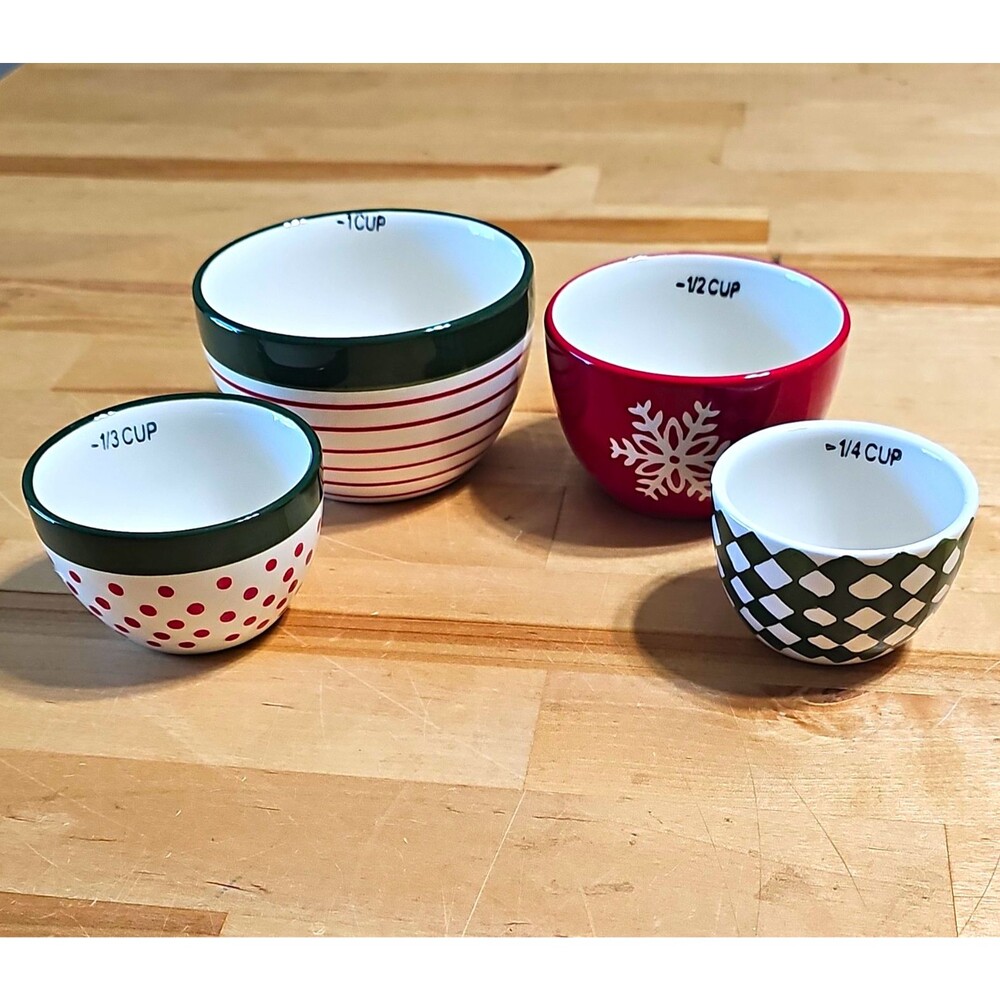 Holiday Time Ceramic Nesting Measuring Cups 4pc Snowflake Christmas 1-1/4 Cup